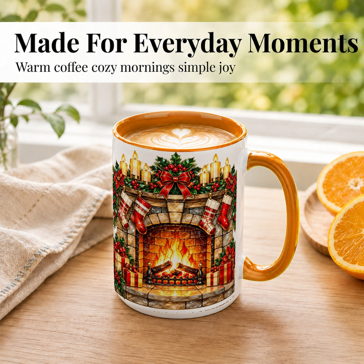#pl[15oz|Orange] Christmas Fireplace Coffee Mug, Holiday Hearth Mug, Ceramic Cup