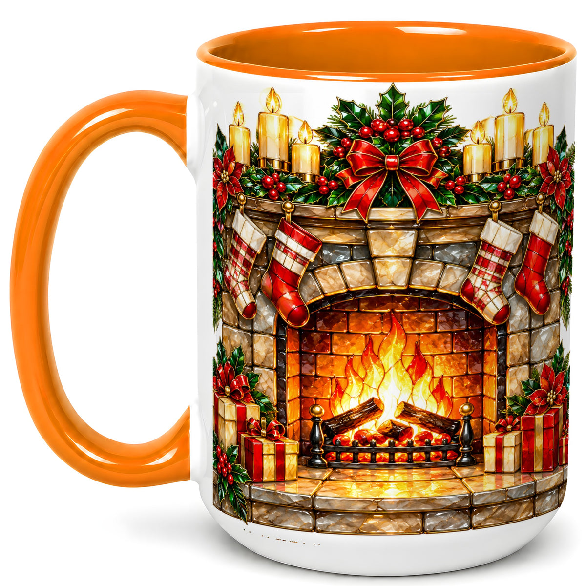 #pl[15oz|Orange] Christmas Fireplace Coffee Mug, Holiday Hearth Mug, Ceramic Cup
