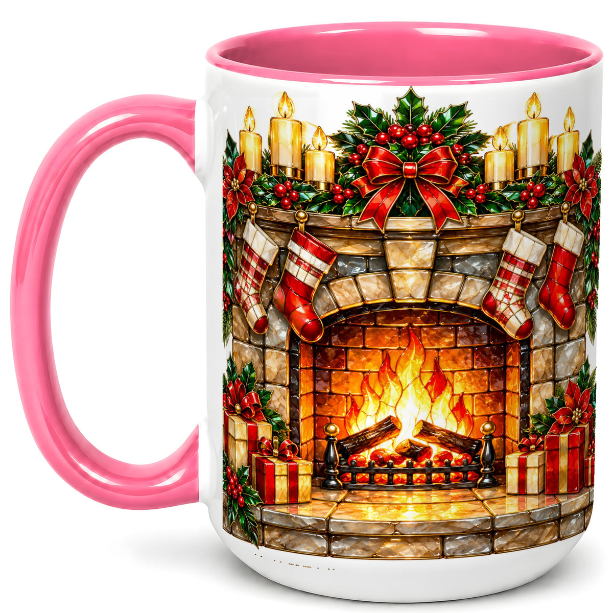 #pl[15oz|Pink] Christmas Fireplace Coffee Mug, Holiday Hearth Mug, Ceramic Cup