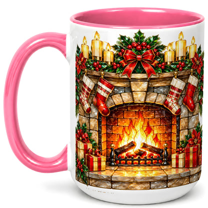 #pl[15oz|Pink] Christmas Fireplace Coffee Mug, Holiday Hearth Mug, Ceramic Cup