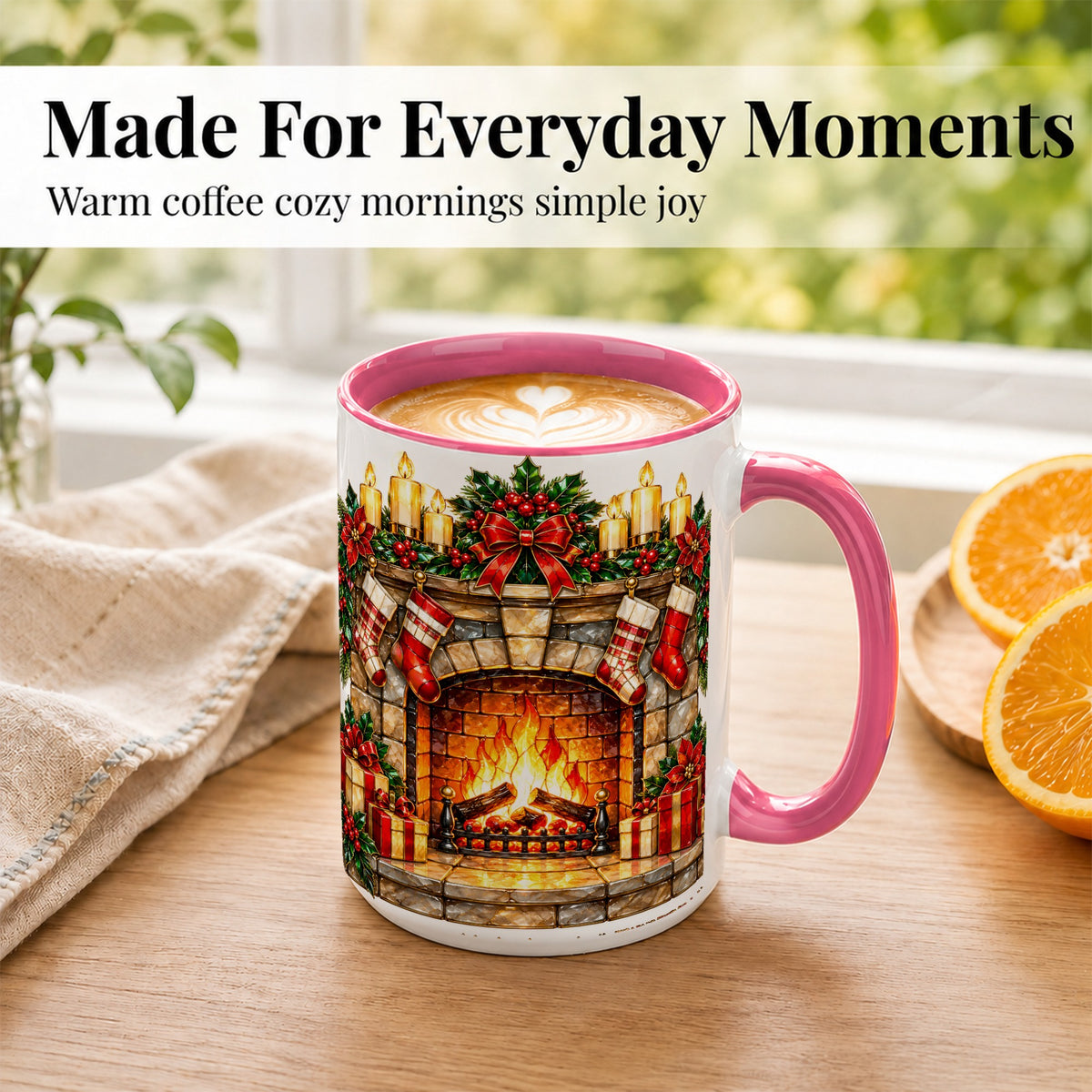 #pl[15oz|Pink] Christmas Fireplace Coffee Mug, Holiday Hearth Mug, Ceramic Cup