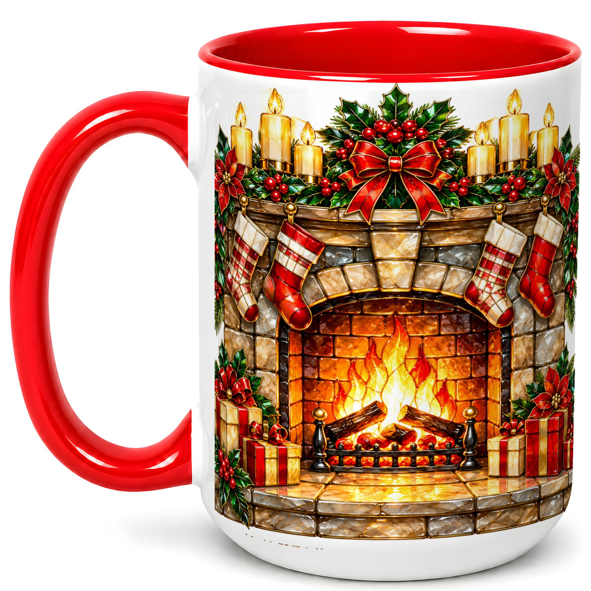#pl[15oz|Red] Christmas Fireplace Coffee Mug, Holiday Hearth Mug, Ceramic Cup