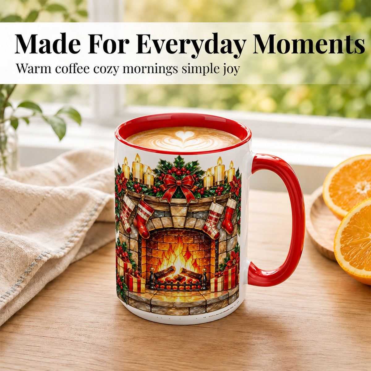 #pl[15oz|Red] Christmas Fireplace Coffee Mug, Holiday Hearth Mug, Ceramic Cup