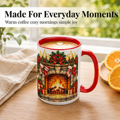 #pl[15oz|Red] Christmas Fireplace Coffee Mug, Holiday Hearth Mug, Ceramic Cup