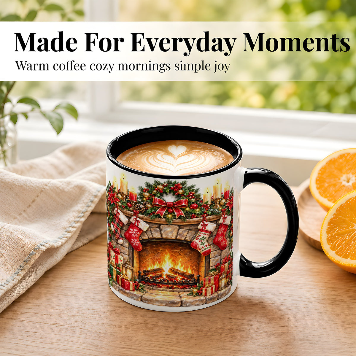 #pl[11oz|Black] Cozy Christmas Fireplace Coffee Mug, Holiday Hearth Mug, Ceramic Cup