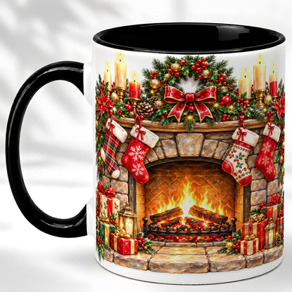 #pl[11oz|Black] Cozy Christmas Fireplace Coffee Mug, Holiday Hearth Mug, Ceramic Cup
