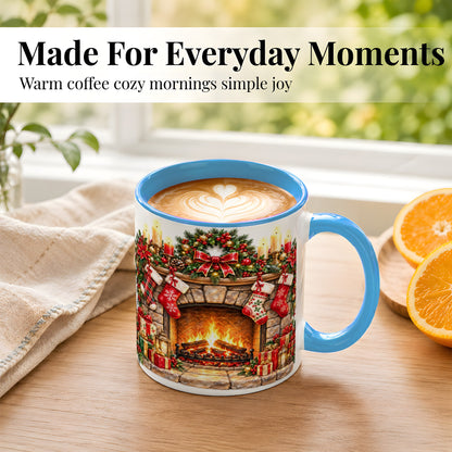 #pl[11oz|Blue] Cozy Christmas Fireplace Coffee Mug, Holiday Hearth Mug, Ceramic Cup