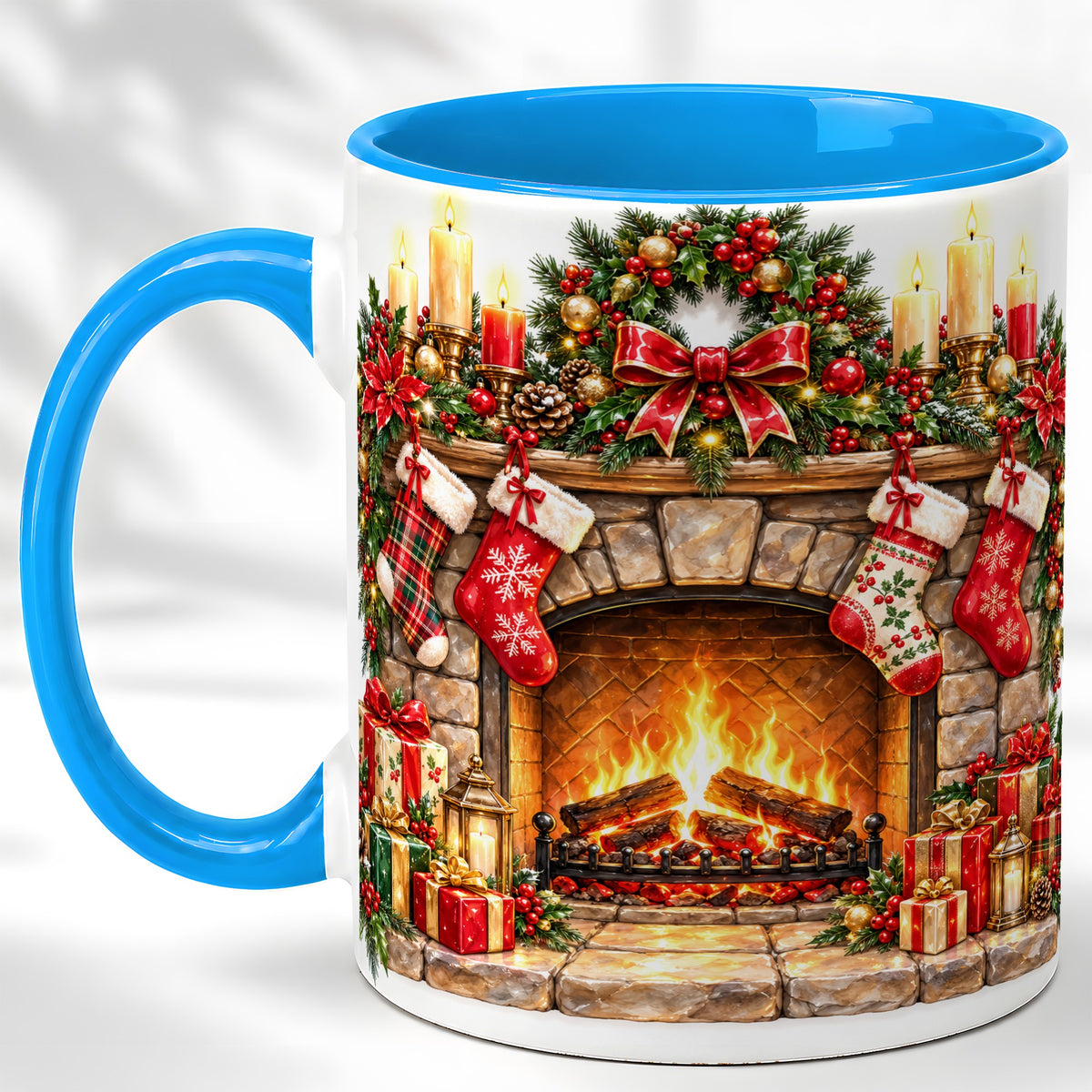 #pl[11oz|Blue] Cozy Christmas Fireplace Coffee Mug, Holiday Hearth Mug, Ceramic Cup