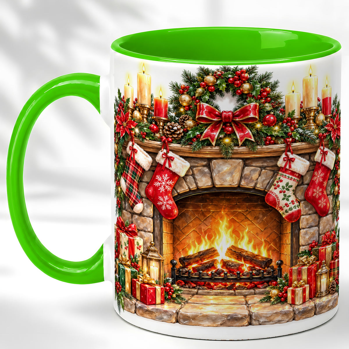#pl[11oz|Green] Cozy Christmas Fireplace Coffee Mug, Holiday Hearth Mug, Ceramic Cup
