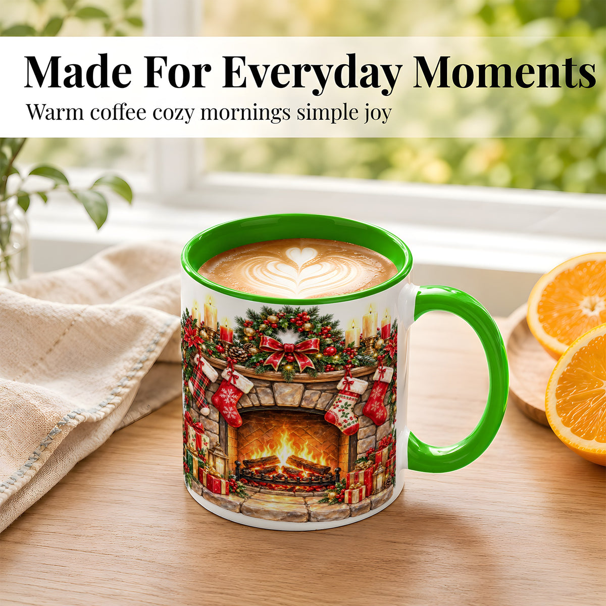 #pl[11oz|Green] Cozy Christmas Fireplace Coffee Mug, Holiday Hearth Mug, Ceramic Cup