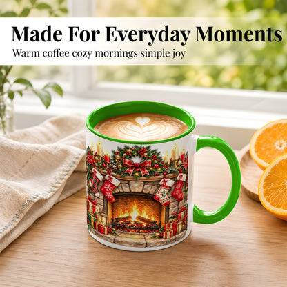 #pl[11oz|Green] Cozy Christmas Fireplace Coffee Mug, Holiday Hearth Mug, Ceramic Cup