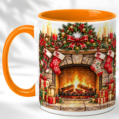 #pl[11oz|Orange] Cozy Christmas Fireplace Coffee Mug, Holiday Hearth Mug, Ceramic Cup