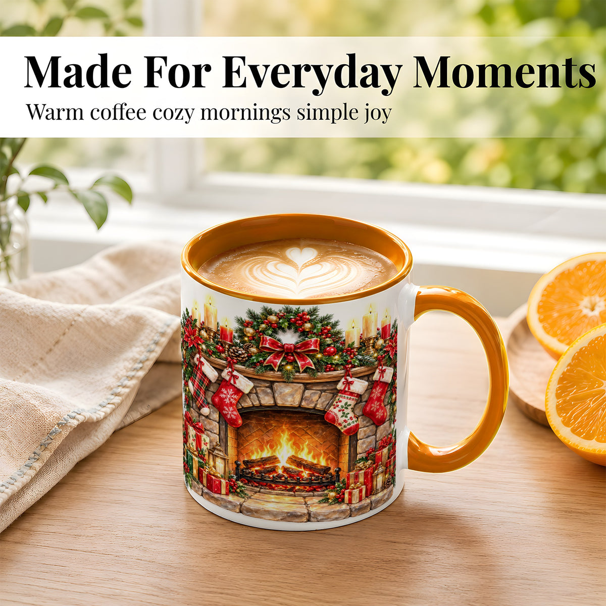 #pl[11oz|Orange] Cozy Christmas Fireplace Coffee Mug, Holiday Hearth Mug, Ceramic Cup