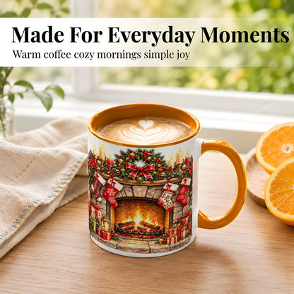#pl[11oz|Orange] Cozy Christmas Fireplace Coffee Mug, Holiday Hearth Mug, Ceramic Cup