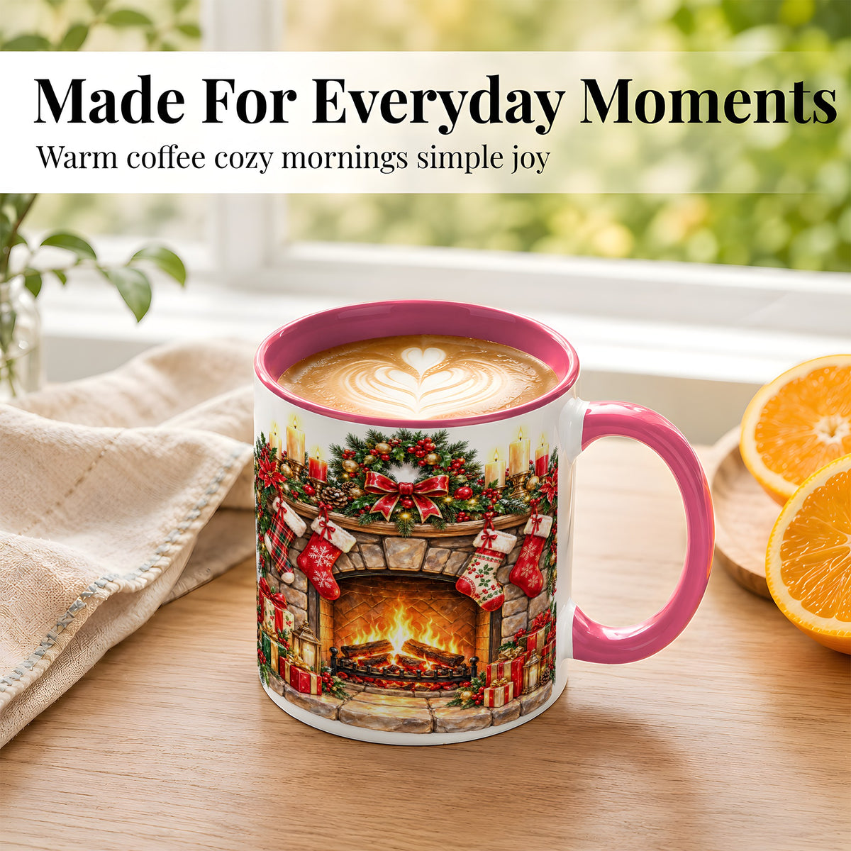 #pl[11oz|Pink] Cozy Christmas Fireplace Coffee Mug, Holiday Hearth Mug, Ceramic Cup