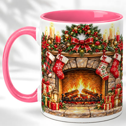 #pl[11oz|Pink] Cozy Christmas Fireplace Coffee Mug, Holiday Hearth Mug, Ceramic Cup