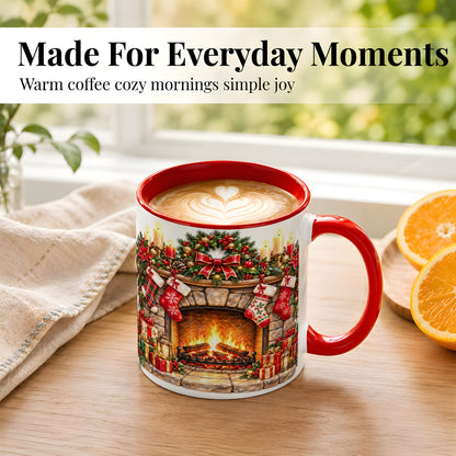 #pl[11oz|Red] Cozy Christmas Fireplace Coffee Mug, Holiday Hearth Mug, Ceramic Cup