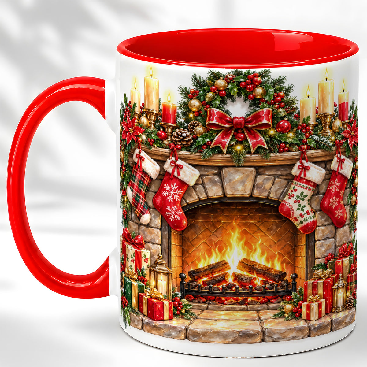 Cozy Christmas Fireplace Coffee Mug, Holiday Hearth Mug, Ceramic Cup