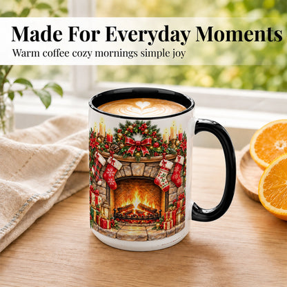 #pl[15oz|Black] Cozy Christmas Fireplace Coffee Mug, Holiday Hearth Mug, Ceramic Cup