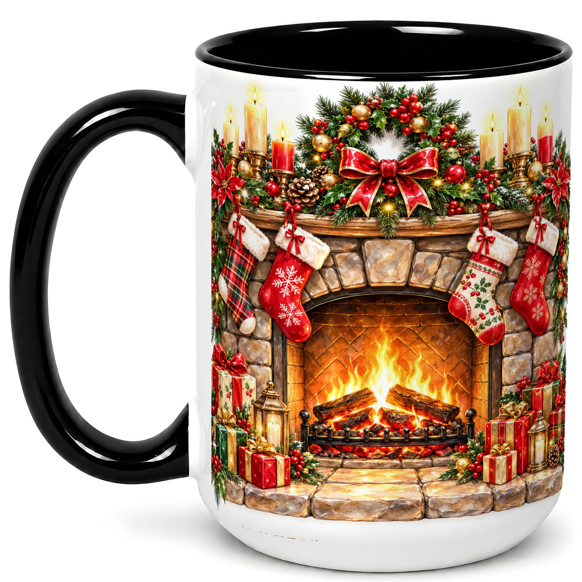 #pl[15oz|Black] Cozy Christmas Fireplace Coffee Mug, Holiday Hearth Mug, Ceramic Cup