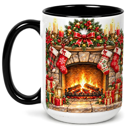 #pl[15oz|Black] Cozy Christmas Fireplace Coffee Mug, Holiday Hearth Mug, Ceramic Cup