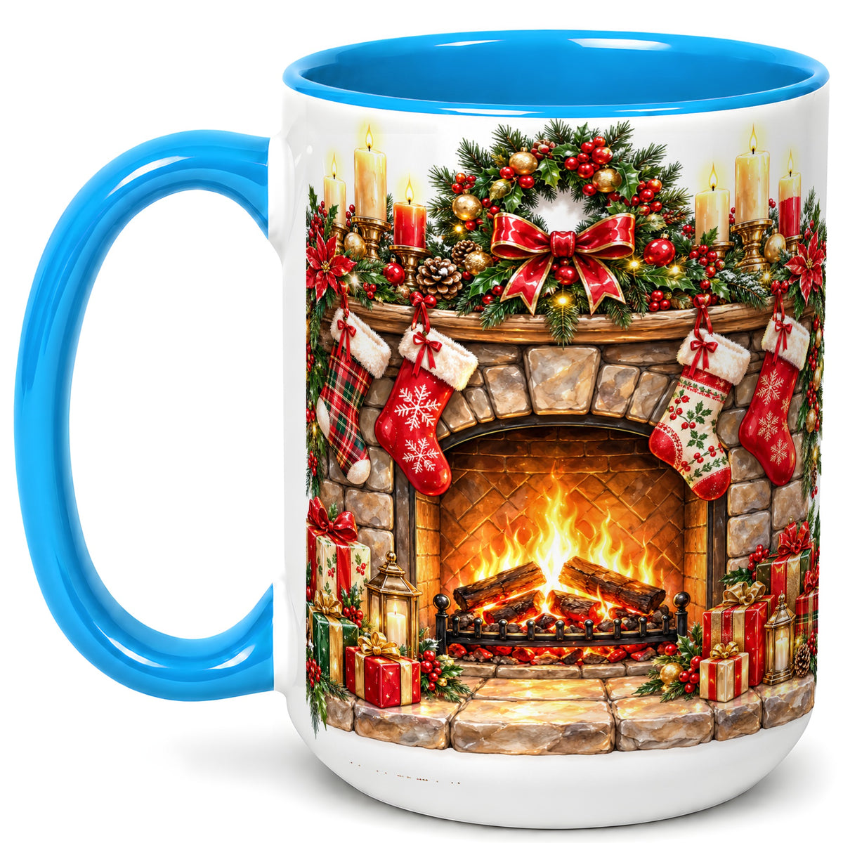 #pl[15oz|Blue] Cozy Christmas Fireplace Coffee Mug, Holiday Hearth Mug, Ceramic Cup
