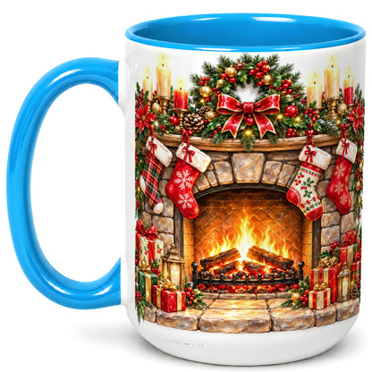 #pl[15oz|Blue] Cozy Christmas Fireplace Coffee Mug, Holiday Hearth Mug, Ceramic Cup
