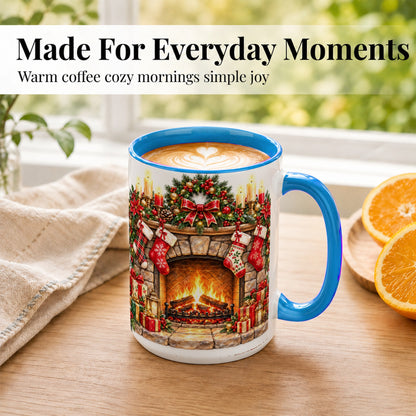 #pl[15oz|Blue] Cozy Christmas Fireplace Coffee Mug, Holiday Hearth Mug, Ceramic Cup