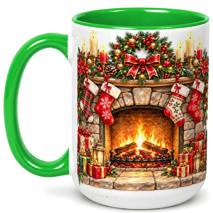 #pl[15oz|Green] Cozy Christmas Fireplace Coffee Mug, Holiday Hearth Mug, Ceramic Cup