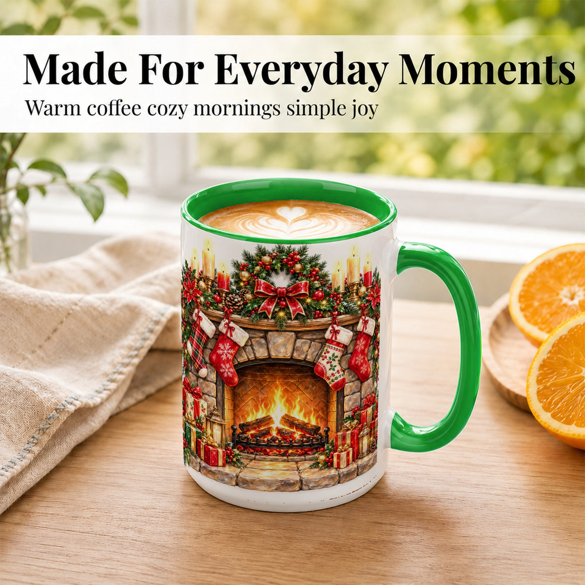 #pl[15oz|Green] Cozy Christmas Fireplace Coffee Mug, Holiday Hearth Mug, Ceramic Cup
