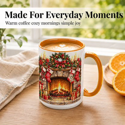 #pl[15oz|Orange] Cozy Christmas Fireplace Coffee Mug, Holiday Hearth Mug, Ceramic Cup