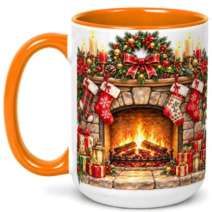 #pl[15oz|Orange] Cozy Christmas Fireplace Coffee Mug, Holiday Hearth Mug, Ceramic Cup