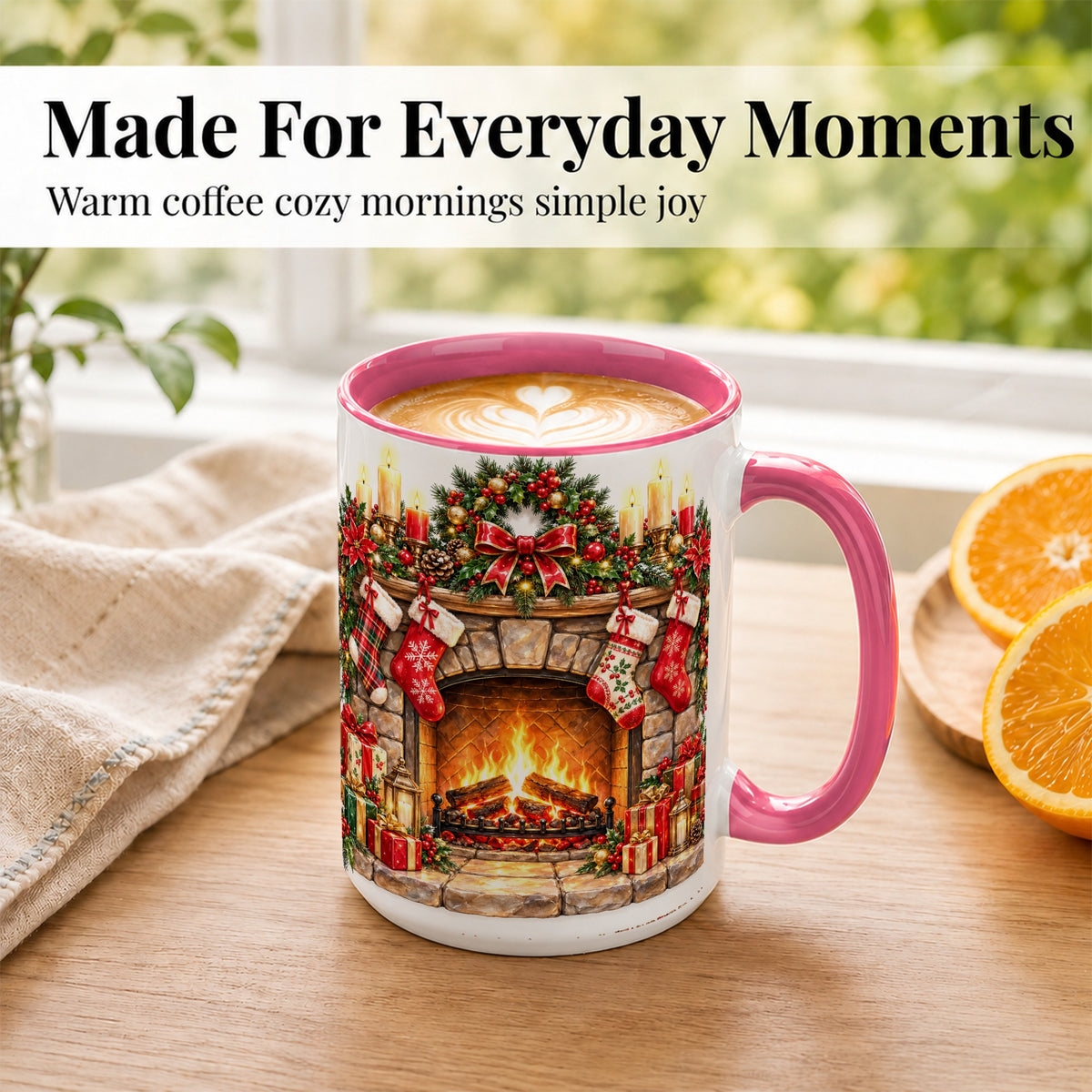 #pl[15oz|Pink] Cozy Christmas Fireplace Coffee Mug, Holiday Hearth Mug, Ceramic Cup