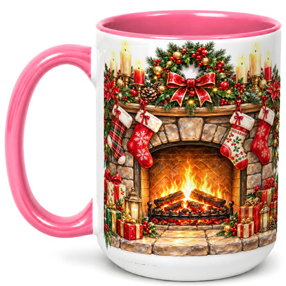 #pl[15oz|Pink] Cozy Christmas Fireplace Coffee Mug, Holiday Hearth Mug, Ceramic Cup