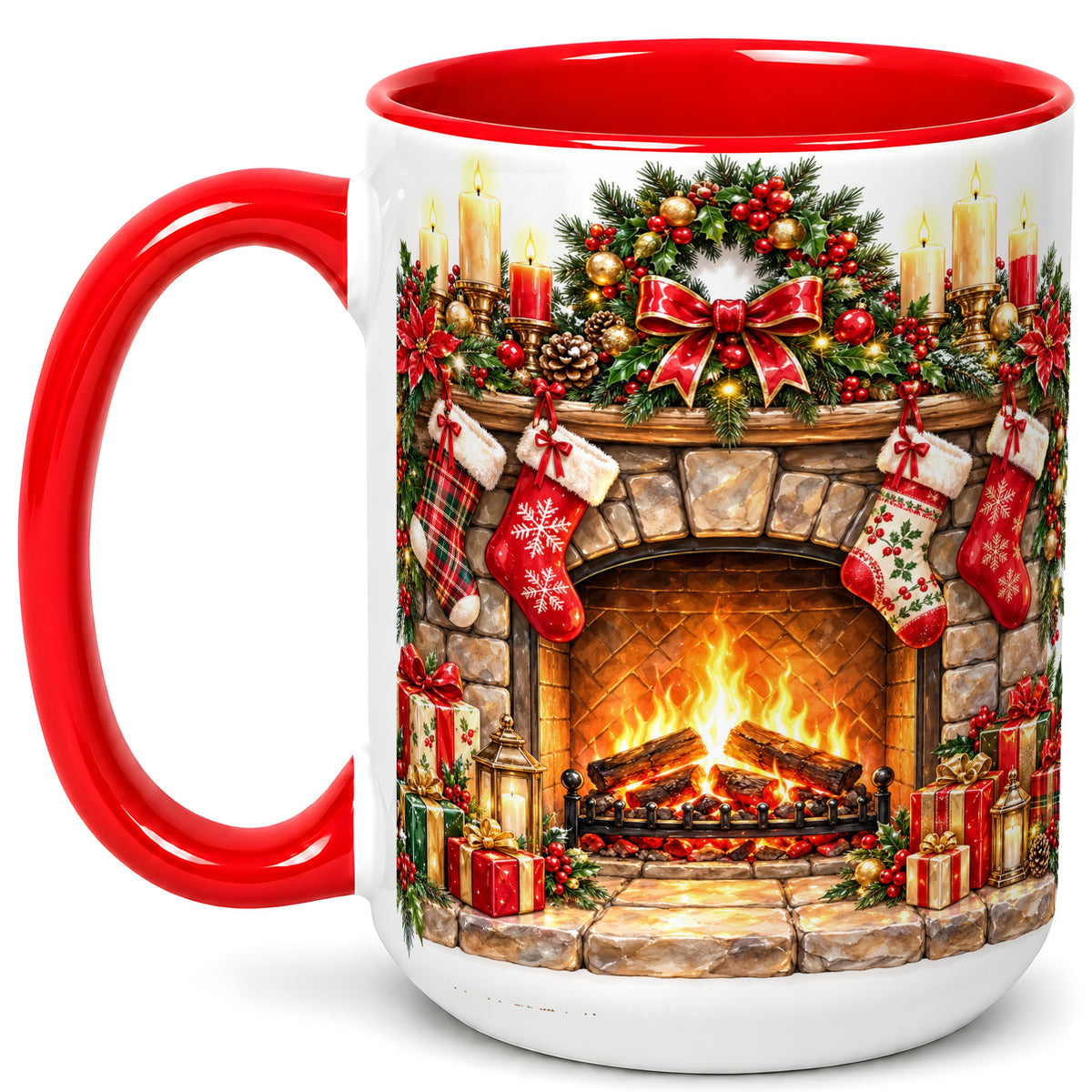 #pl[15oz|Red] Cozy Christmas Fireplace Coffee Mug, Holiday Hearth Mug, Ceramic Cup