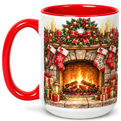 #pl[15oz|Red] Cozy Christmas Fireplace Coffee Mug, Holiday Hearth Mug, Ceramic Cup