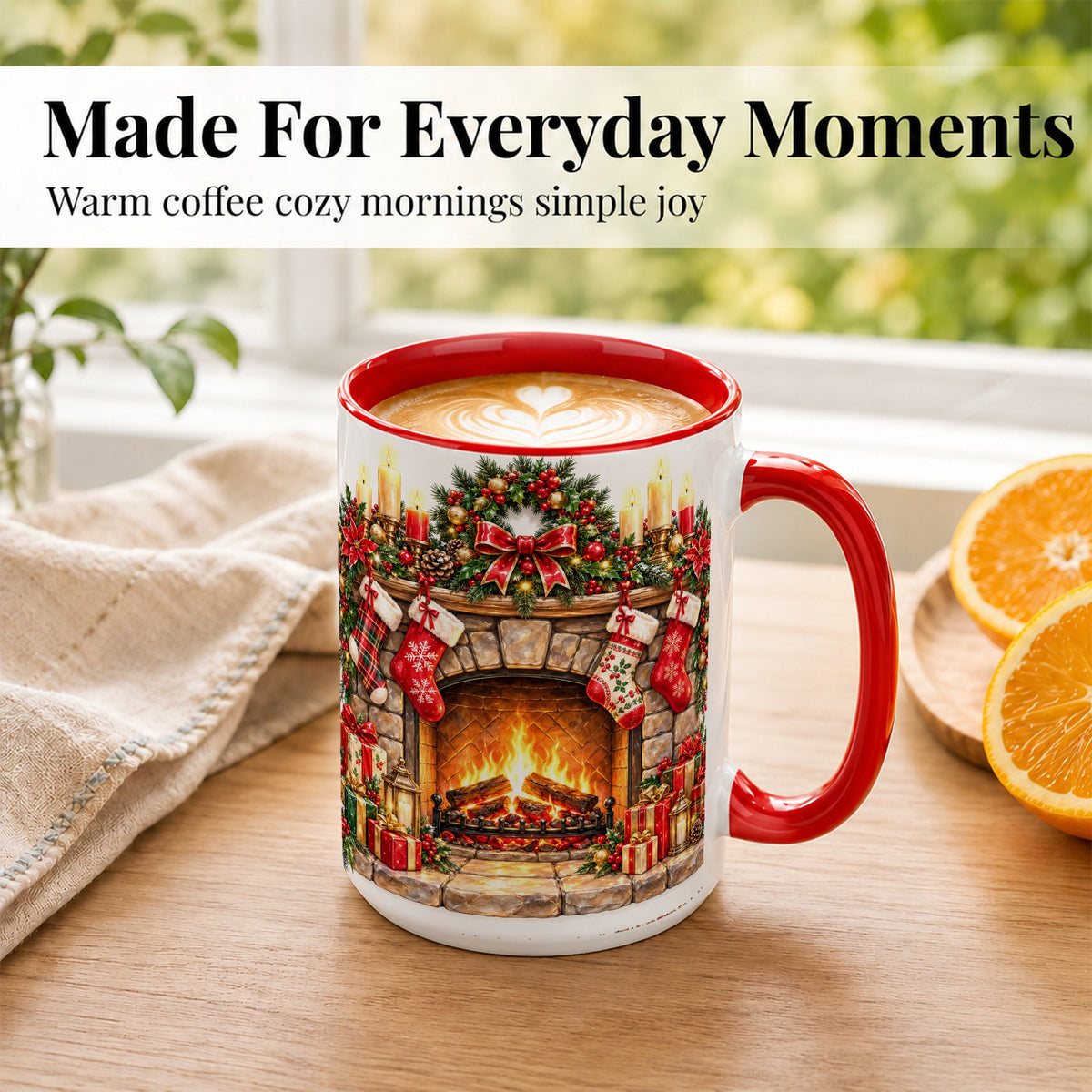 #pl[15oz|Red] Cozy Christmas Fireplace Coffee Mug, Holiday Hearth Mug, Ceramic Cup