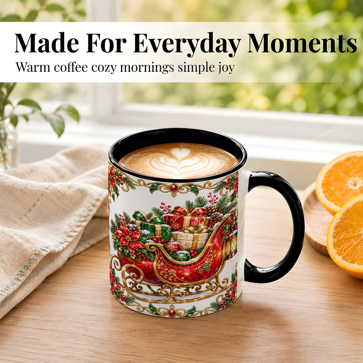 #pl[11oz|Black] Christmas Sleigh Coffee Mug, Jeweled Holiday Mug, Ceramic Cup