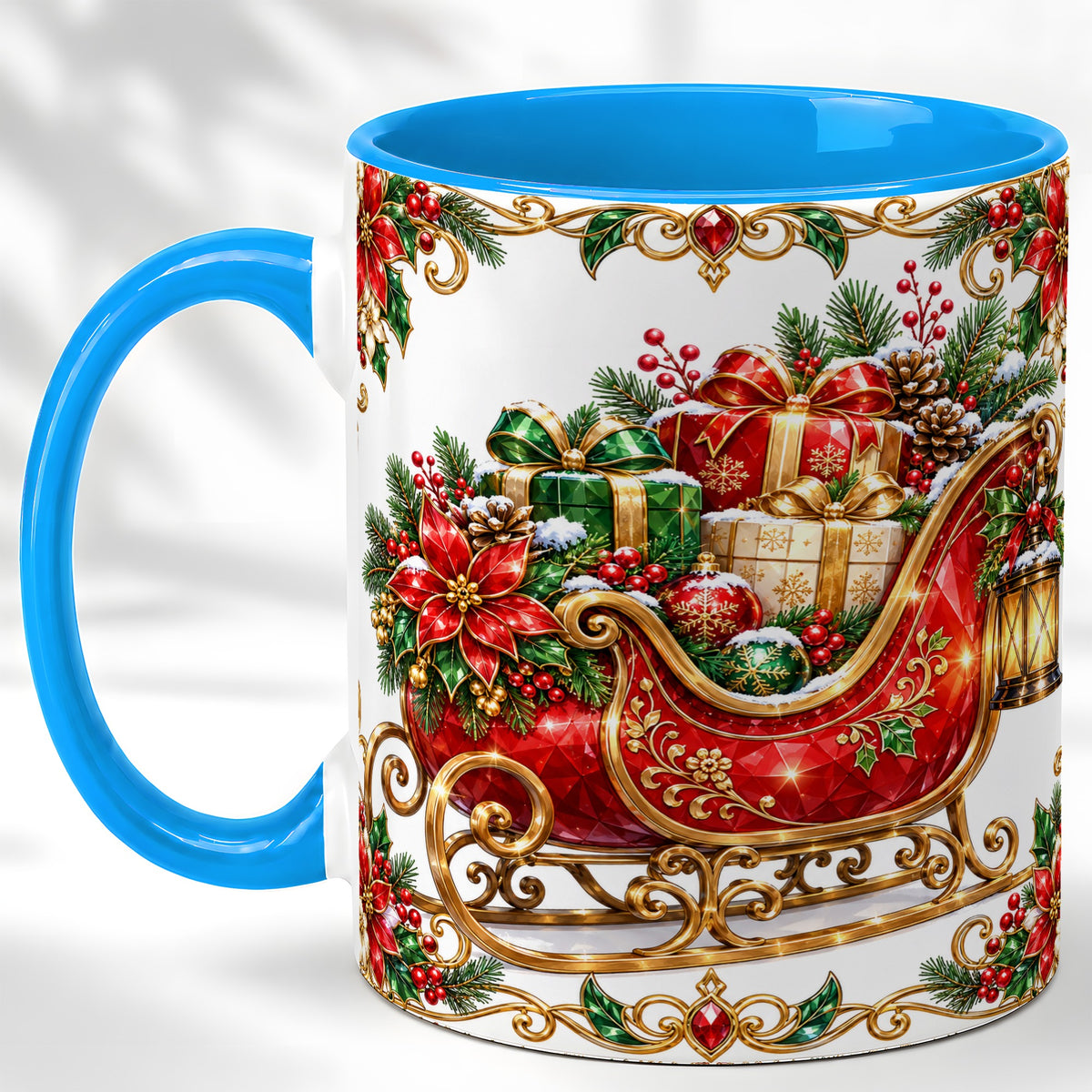 #pl[11oz|Blue] Christmas Sleigh Coffee Mug, Jeweled Holiday Mug, Ceramic Cup