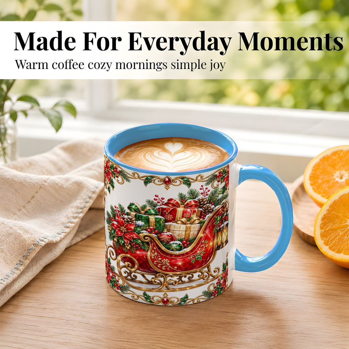 #pl[11oz|Blue] Christmas Sleigh Coffee Mug, Jeweled Holiday Mug, Ceramic Cup