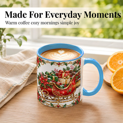 #pl[11oz|Blue] Christmas Sleigh Coffee Mug, Jeweled Holiday Mug, Ceramic Cup