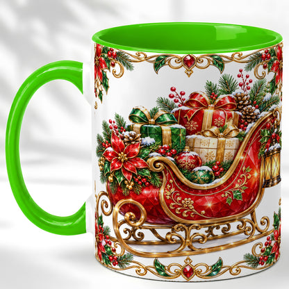 #pl[11oz|Green] Christmas Sleigh Coffee Mug, Jeweled Holiday Mug, Ceramic Cup