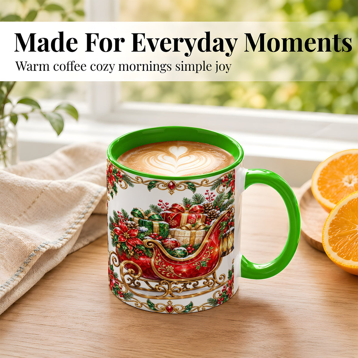 #pl[11oz|Green] Christmas Sleigh Coffee Mug, Jeweled Holiday Mug, Ceramic Cup