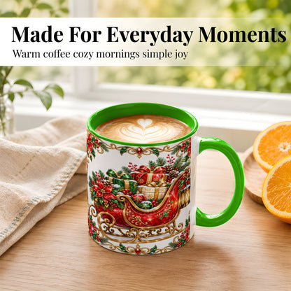 #pl[11oz|Green] Christmas Sleigh Coffee Mug, Jeweled Holiday Mug, Ceramic Cup