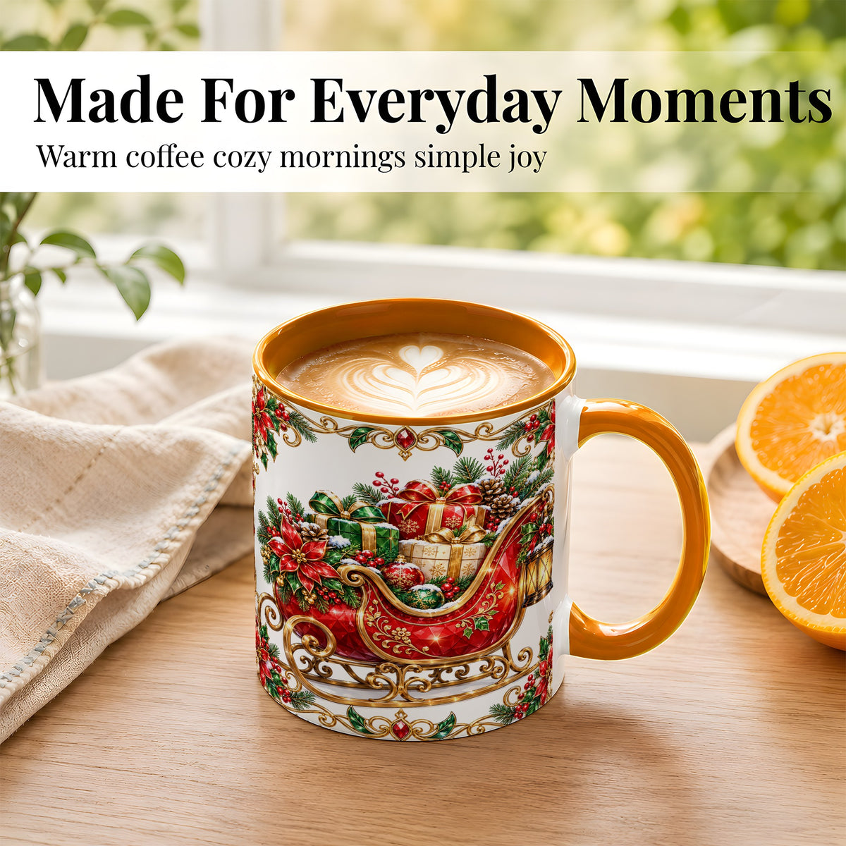 #pl[11oz|Orange] Christmas Sleigh Coffee Mug, Jeweled Holiday Mug, Ceramic Cup