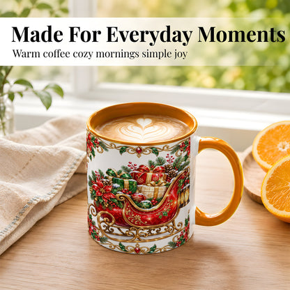 #pl[11oz|Orange] Christmas Sleigh Coffee Mug, Jeweled Holiday Mug, Ceramic Cup