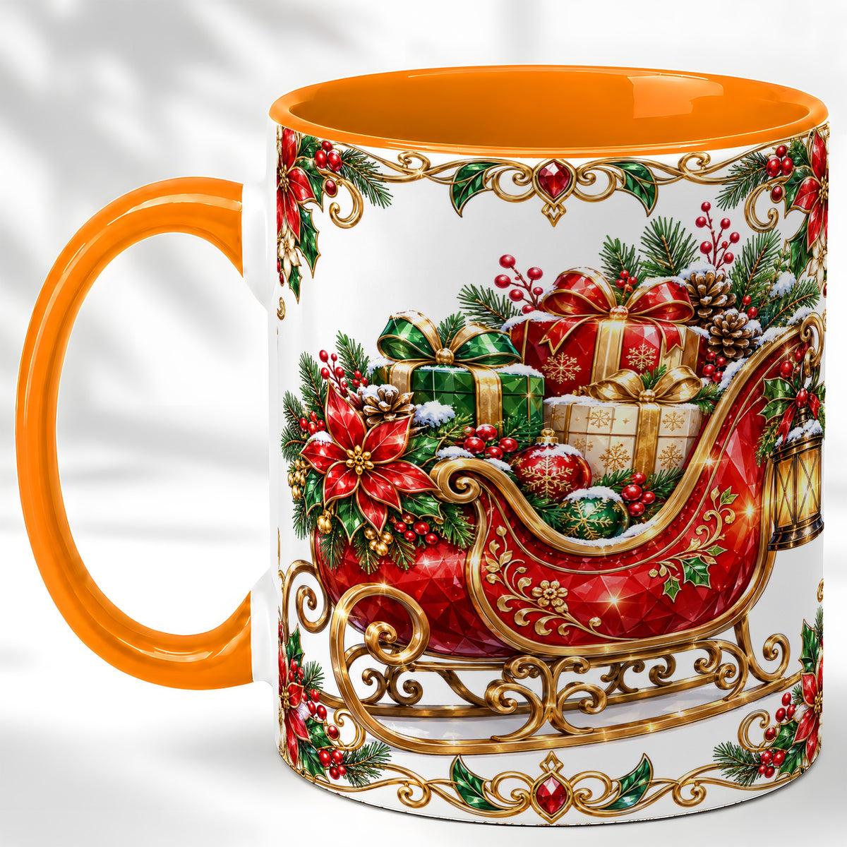 #pl[11oz|Orange] Christmas Sleigh Coffee Mug, Jeweled Holiday Mug, Ceramic Cup