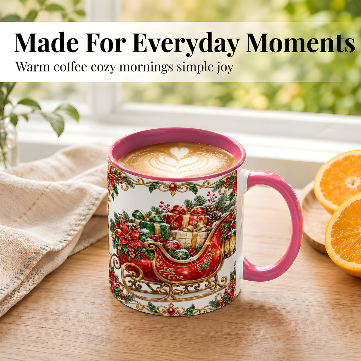 #pl[11oz|Pink] Christmas Sleigh Coffee Mug, Jeweled Holiday Mug, Ceramic Cup
