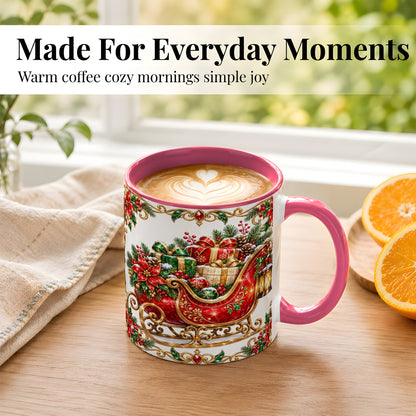 #pl[11oz|Pink] Christmas Sleigh Coffee Mug, Jeweled Holiday Mug, Ceramic Cup