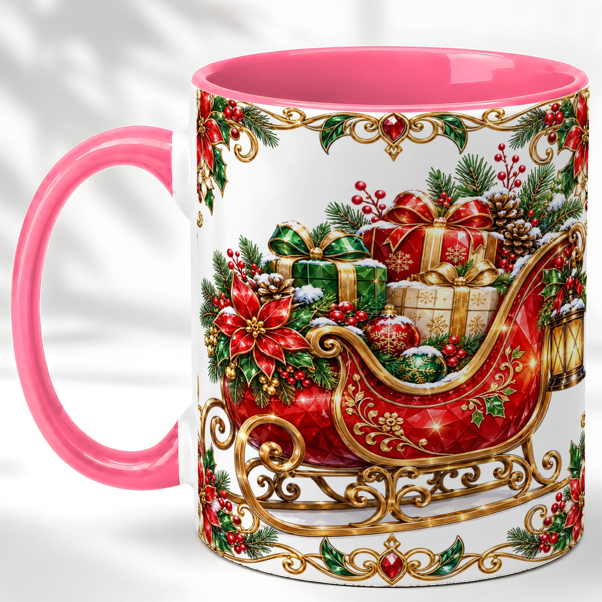 #pl[11oz|Pink] Christmas Sleigh Coffee Mug, Jeweled Holiday Mug, Ceramic Cup